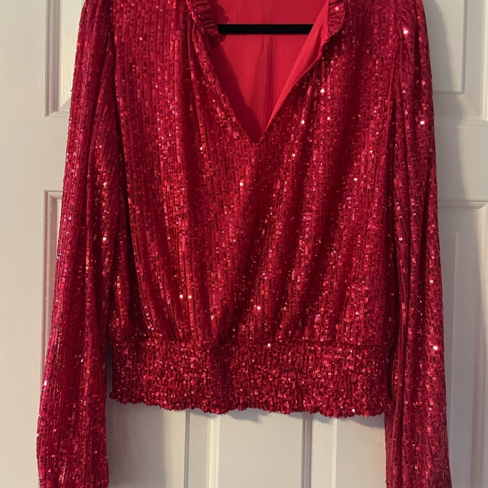 Red Sequin Smocked Blouse